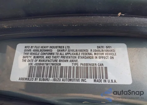 2001 Subaru Outback из США, поврежденный, VIN 4S3BH675817663539